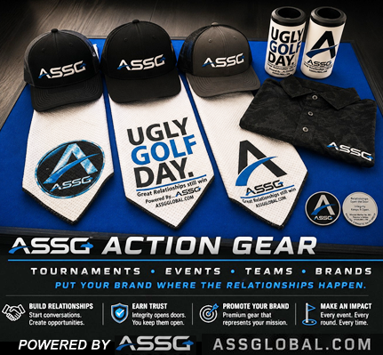 ASSG Action Gear golf tournament package with branded hats, towels, polos, drinkware and ball markers
